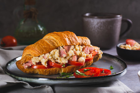Appetizing croissant sandwich with scrambled eggs, sausages, tomatoes and herbs on a plateの写真素材
