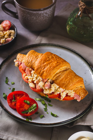 Delicious croissant sandwich with scrambled eggs, sausages and tomatoes on a plate vertical viewの写真素材