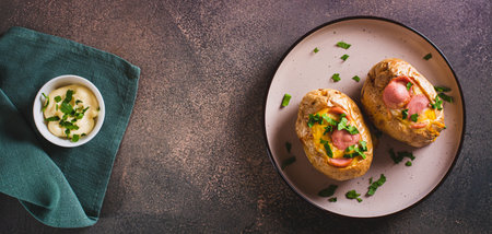 Baked potatoes in skins with egg and pieces of sausage on a plate on the table top view web bannerの写真素材