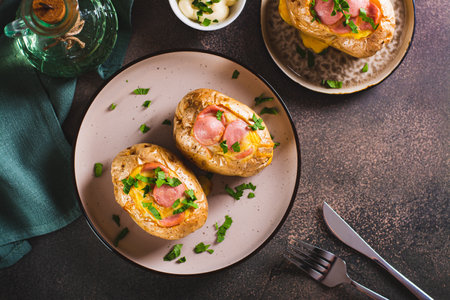 Baked whole potatoes with egg, sausages and herbs on a plate top viewの写真素材