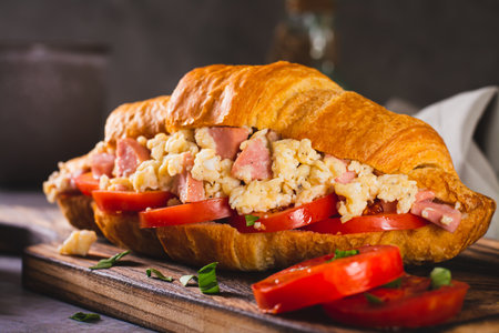 Close up of croissant sandwich with scrambled eggs, sausages and tomatoes on a boardの写真素材