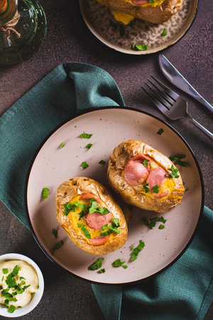 Baked potatoes in skins with egg and pieces of sausage on a plate on the table top and vertical viewの写真素材
