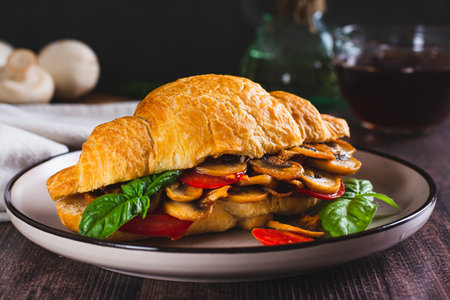 Appetizing croissant stuffed with fried champignons and tomatoes on a plateの写真素材