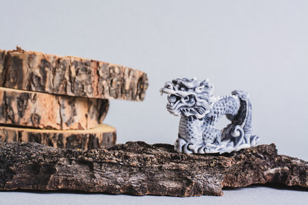 Ceramic dragon on tree bark and trunk slices on gray background for Chinese New Yearの写真素材