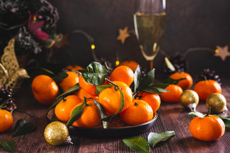 Whole tangerines with leaves on a plate on the table in Christmas decorationsの写真素材