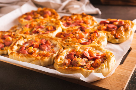 Fresh pizza pot pies with tomatoes, cheese and sausages on a wooden boardの写真素材