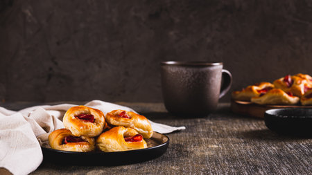 Appetizing envelopes with cheese and pepperoni sausage on a plate on the table web bannerの写真素材