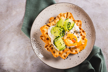 Close up of toasts with cream cheese, cucumber, poached egg and sesame seeds on a plate top viewの写真素材