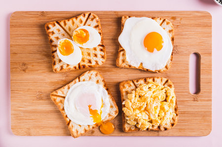 Homemade scrambled egg, poached egg, fried egg, boiled egg on toast on a board top viewの写真素材