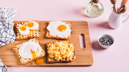 Scrambled egg, poached egg, fried egg, boiled egg on toast on a board web banner