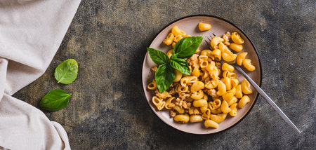 Navy pasta with ground meat in a plate on the table top view web banner
