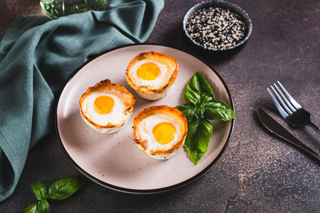 Baked egg and bacon rolls with basil on a plate on a tableの写真素材