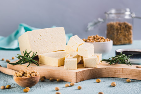 Fresh sliced â€‹â€‹soy tofu cheese and rosemary on wooden board on table