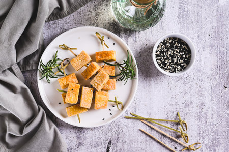 Spicy fried tofu on skewers and rosemary on a plate on the table top view