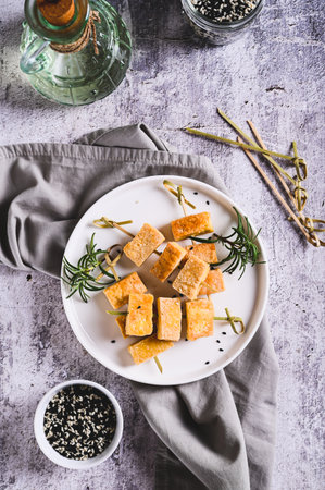 Pieces of delicious fried tofu soy cheese on skewers on a plate on the table top and vertical viewの写真素材
