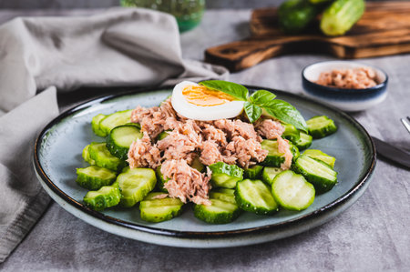 Appetizing salad of cucumber, canned tuna and egg on a plate on the tableの写真素材
