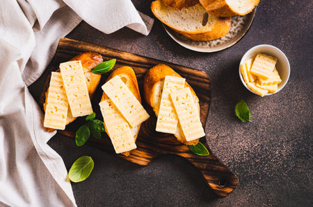 Delicious cheese sandwiches on toasts and basil leaves on a board on a table top viewの写真素材