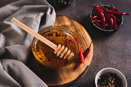 Bowl of hot honey with red pepper on tableの写真素材