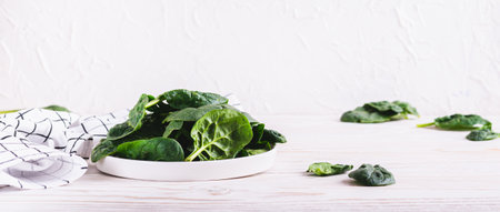 Fresh baby spinach leaves on a plate on a wooden table web banner