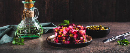 Traditional beetroot salad with boiled vegetables and pickles on a plate on the table web bannerの写真素材