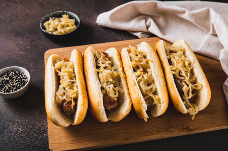 Delicious hot dogs with beef sausage and fried onions on a boardの写真素材