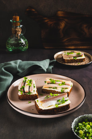 Scandinavian open sandwiches on rye bread with butter and salted herring on a plate vertical viewの写真素材