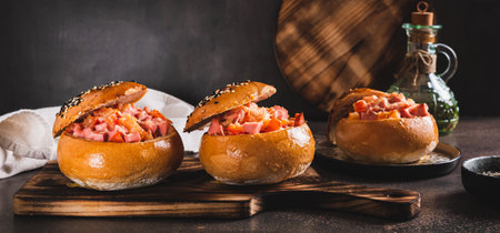 Baked burgers with sausages, tomatoes, cheese and egg on a board on a tableの写真素材