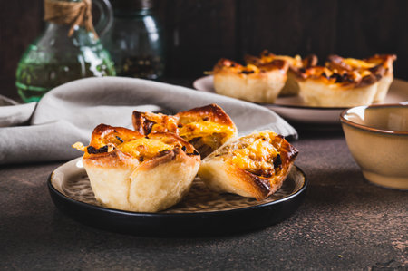 Mini tartlets with caramelized onions and cheese on a plate on a tableの写真素材