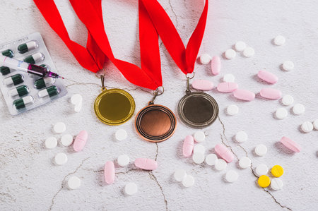 Pills and injections with medals on a light backgroundの写真素材