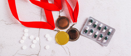 Gold, silver, bronze medals and drugs in sports top view web bannerの写真素材