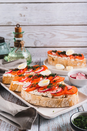 Appetizing bruschetta with ricotta, tomato, radish and egg on a plate vertical viewの写真素材