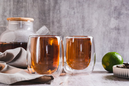 Earl Gray tea with bergamot in cups and teapot on table