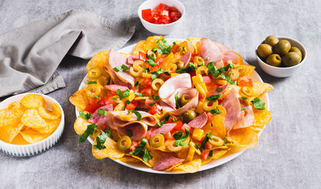 Charcuterie nachos with chips, salami, cheese and olives on a plate on a table web banner