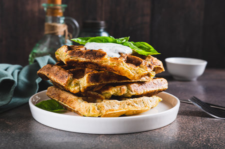 Homemade waffles with sour cream and basil on a plate on the tableの写真素材