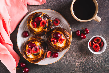 Fluffy buns with cottage cheese and cherries on a plate on the table top viewの写真素材