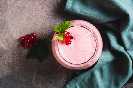 Close up of antioxidant smoothie with red currant in a glass on the table top viewの写真素材