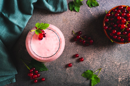 Antioxidant smoothie with red currant in a glass on the table top viewの写真素材
