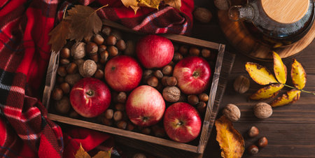 Cozy autumn still life with apples, nuts and tea on a wooden table top view web bannerの写真素材