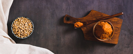 Soybean paste for snack in a bowl on the table top view web bannerの写真素材