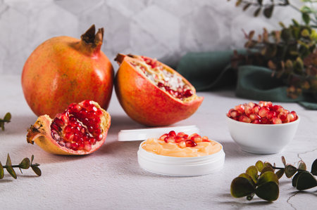 Pomegranate skin care cream in a jar and fruit on the tableの写真素材