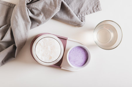 Cloudy pink matcha with coconut water in a glass on the table top viewの写真素材