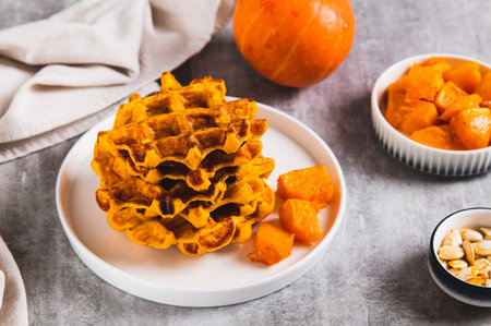 Homemade autumn pumpkin waffles on a plate on the tableの写真素材