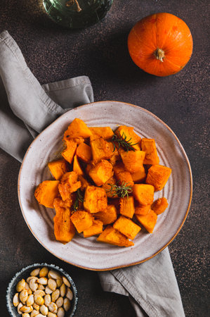 Roasted pumpkin with rosemary on a plate on the table top and vertical viewの写真素材