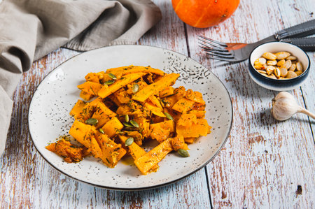 Roasted pumpkin slices with garlic and dill on a plate on the tableの写真素材