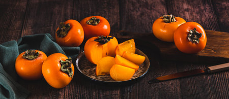 Fresh ripe sliced persimmon on a plate on the table web bannerの写真素材