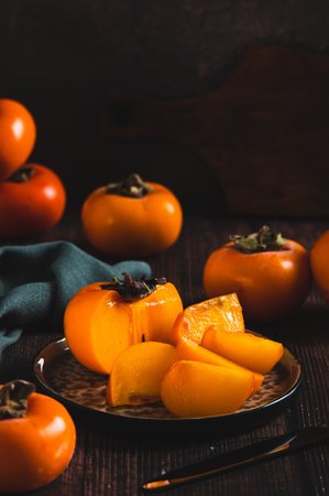 Fresh ripe sliced persimmon on a plate on the table vertical viewの写真素材