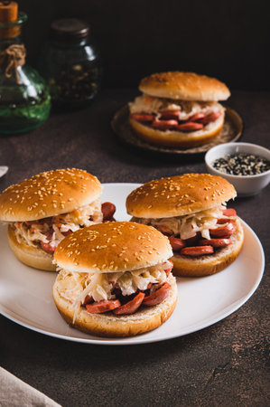 Burgers with sausage and coleslaw on a plate vertical viewの写真素材