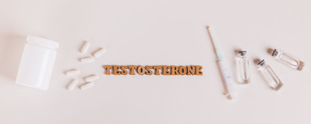 Concept of testosterone therapy for women with the help of medications top view web banner