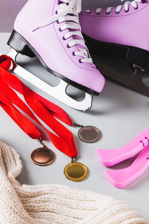 Figure skating skates, medals, covers and a scarf on a light background vertical viewの写真素材