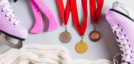 Figure skating skates, medals, covers and a scarf on a light background top view web bannerの写真素材